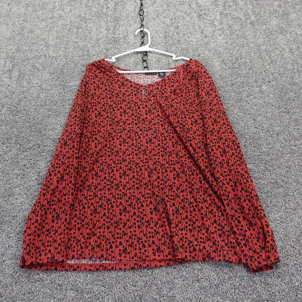 Tahari Blouse Womens 2X Red Abstract Print Keyhole Neck Long Sleeve Top Tunic